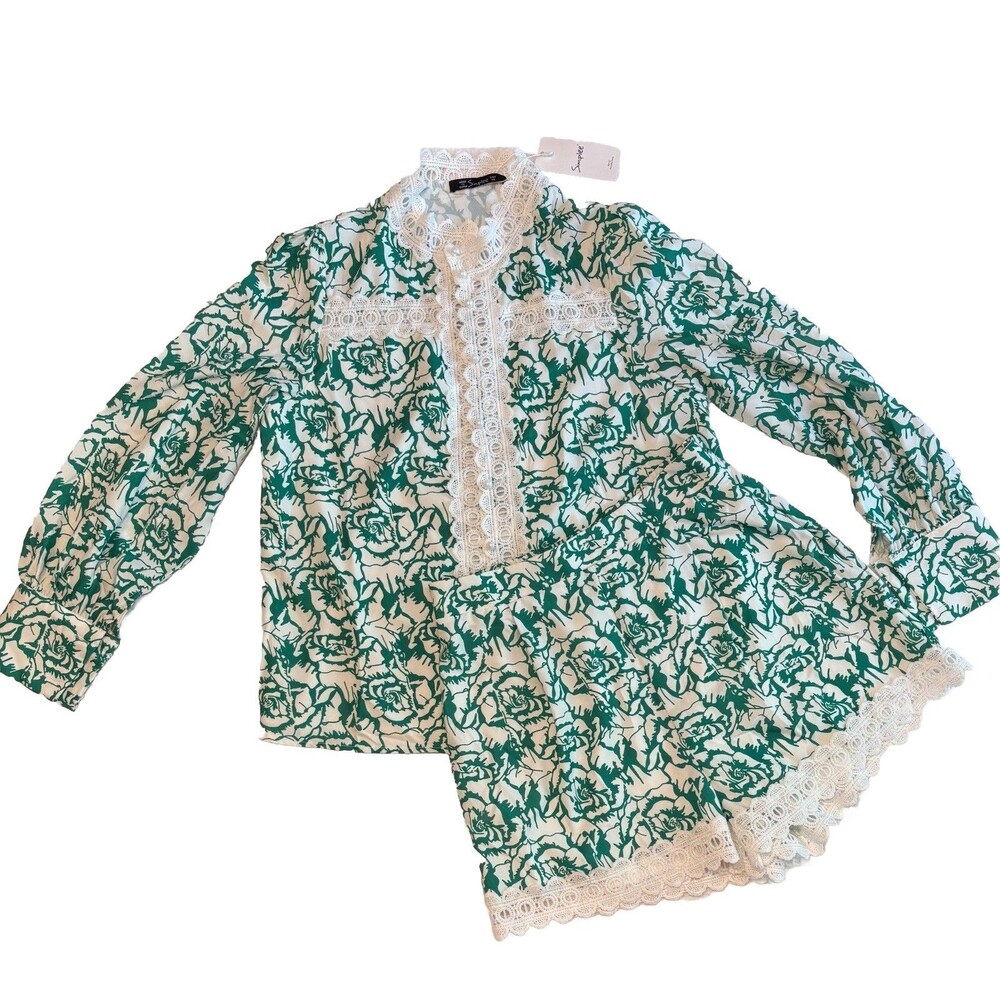 NWT Simplee 2Pc Floral Lace Shorts Set Women’s M Green White Cottagecore Outfit - Picture 3 of 15